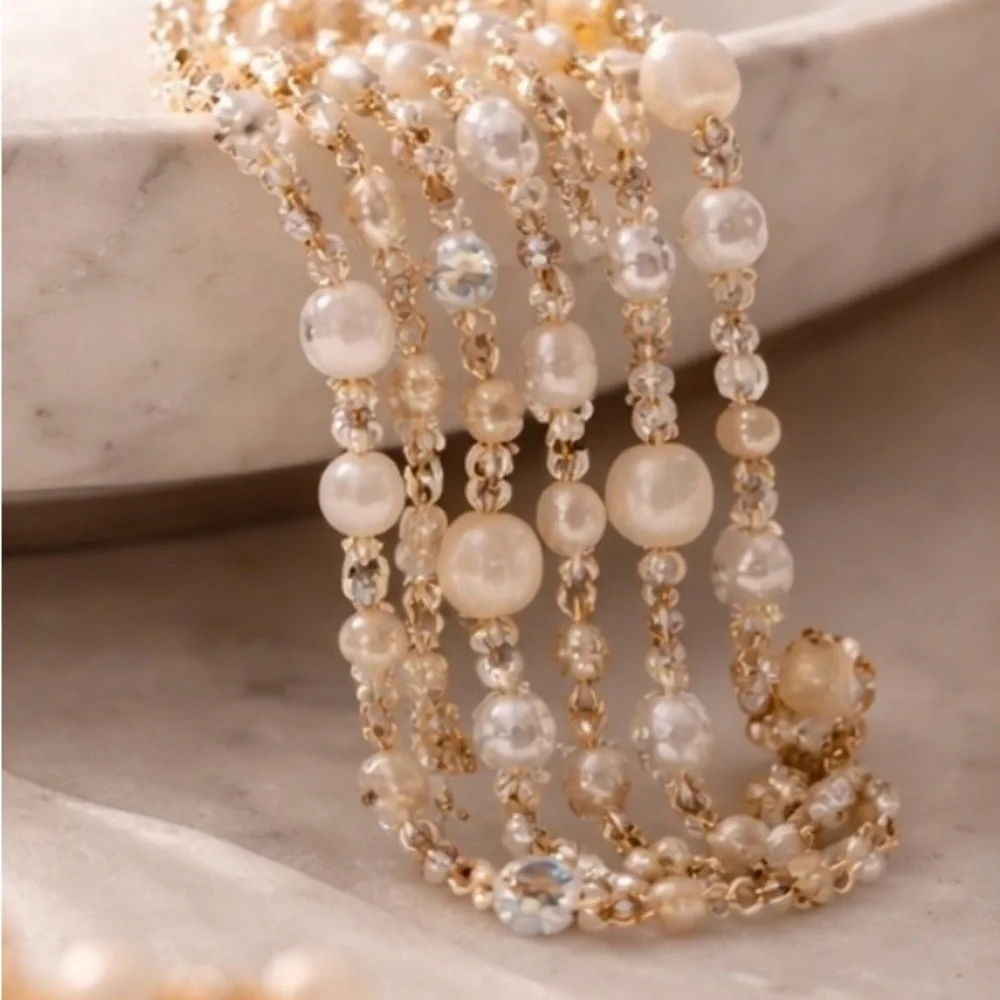 Cookie Lee Freshwater Pearl Moonstone Multi-Strand Bracelet Gold Toggle Crystal